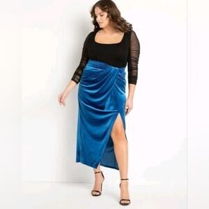 ELOQUII Blue Velvet Wrap Midi Skirt Size 18 Ruched High Slit Party Evening